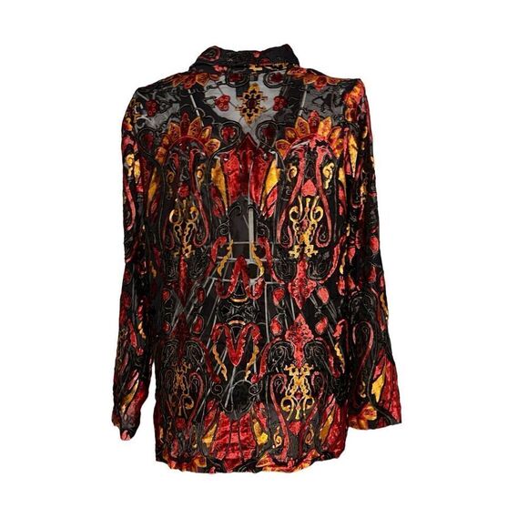 Beautiful women NYPL Button Up Sheer Floral Red Blouse Rayon size medium Long Sl - Picture 5 of 8